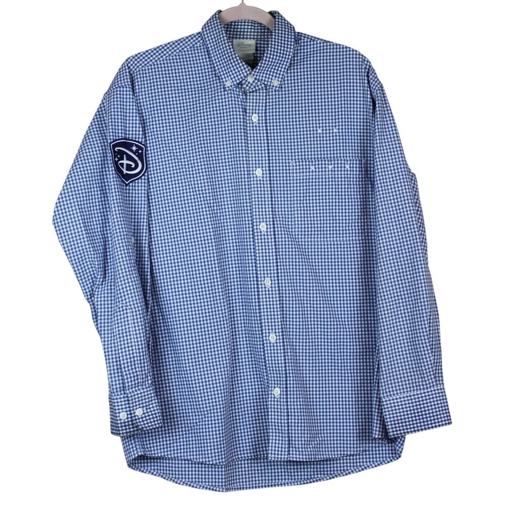 Walt Disney Resort Trader Micks Surf Hawaiian Blue Gingham Button Up Dress Shirt